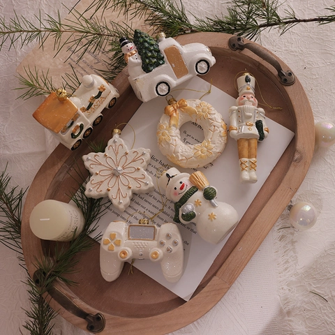 Christmas Hanging Ornaments Cream Gold PVC Glitter Snowman Truck Nutcracker Snowflake Game Controller Holiday Tree Decorations