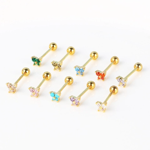 Butterfly Flower Ear Studs Copper Plated Gold Colorful Zircon Piercing Jewelry Screw Ball Back Earring For Women