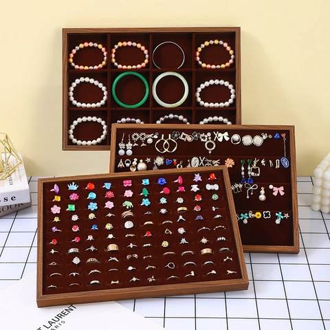 Solid Wood Jewelry Display Tray Walnut Color Soft Velvet Lining Multi Slot Organizer For Ring Necklace Bracelet Countertop