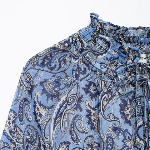 Women Chiffon Blouse Paisley Print Ruffle High Neck Tie Neck Long Sleeve Retro Elegant Office Tops
