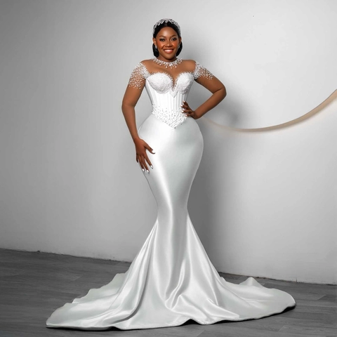 Zeemeermin Trouwjurk Satijn Lange Mouwen Kunstparels Geborduurd Bruidsjurk Grote Maat Elegant Fishtail Luxe Dames