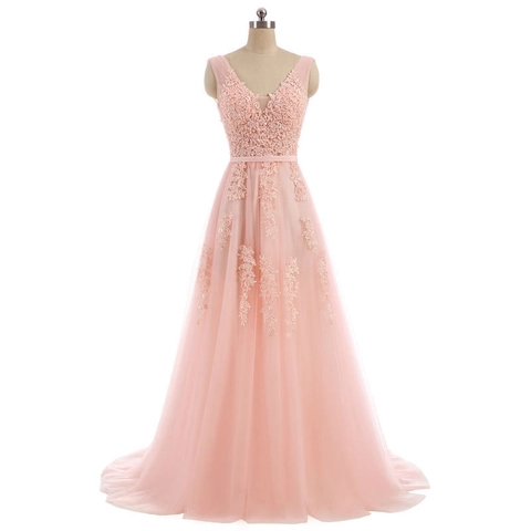 Evening Gown Lace Tulle Deep V-Neck Sleeveless Formal Party Elegant A-Line Dress Women