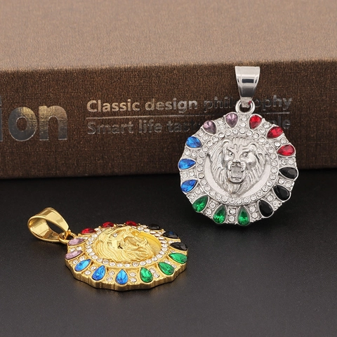 Collar Con Colgante De Cabeza De León Hip Hop De Acero Inoxidable Con Circonita Cúbica Colorida Y Diamantes De Imitación