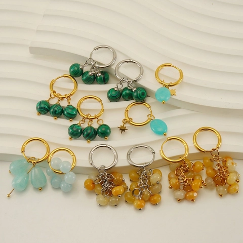 Hoop Earrings For Women Stainless Steel 18k Gold Plated Natural Stone Malachite Vintage Style Retro Jewelry Gift