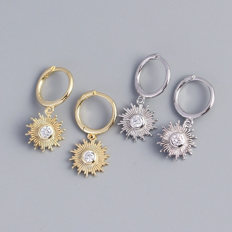 Pendientes De Aro Huggie Con Colgante De Sol De Plata De Ley 925 Incrustaciones De Zircón Estilo Bohemio Francés