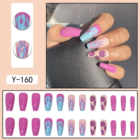Press On Nails Coffin Long ABS Glossy Smiley Face Flame Pattern Drip Design False Nails Fashion Manicure For Women