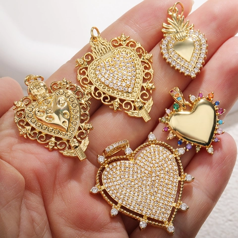 Kupfer Vergoldete Herz Anhänger Mit Zirkonia DIY Schmuckherstellung Ausgehöhlt Krone Lotus Vintage Stil