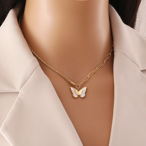 Collana Con Pendente A Farfalla Acciaio Inossidabile Placcato Oro Madreperla Catena Asimmetrica Moda Donna