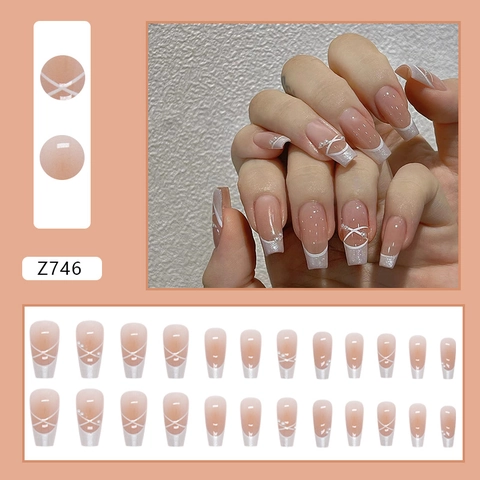 Uñas Postizas Press On Ballet Rayas Blancas Francesas Perla Artificial Diamante De Imitación Blush Elegante Forma Ataúd