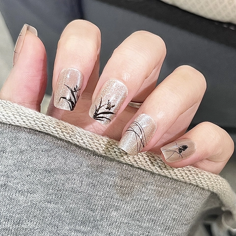 Champagne Glitter Press On Nails With Black Ink Orchid And Butterfly Pattern Square Round Elegant False Nails For Women