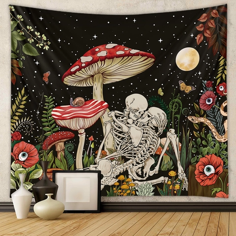 Gothic Skeleton Mushroom Tapestry Polyester Wall Hanging Bohemian Mystic Moon Star Aesthetic Bedroom Living Room Decor