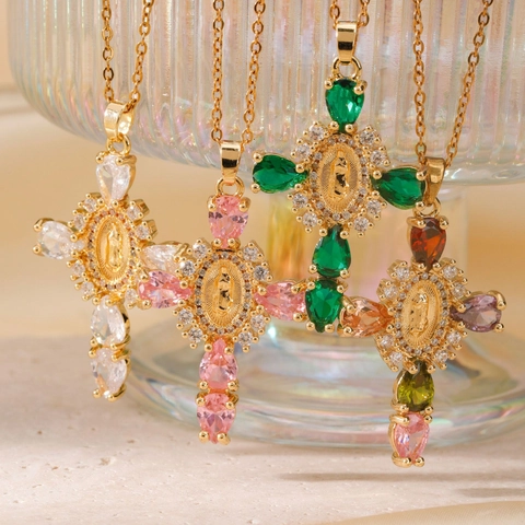 Collana Pendente Croce Rame Placcato Oro Vergine Maria Zircone Gioielli Religiosi Stile Vintage Street Per Donna