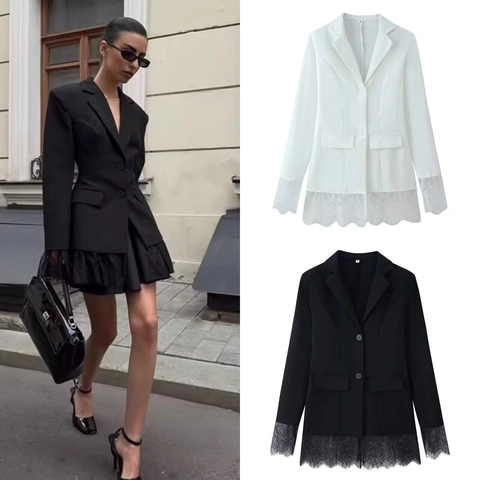 Γυναικείο Σακάκι Blazer Πολυεστέρας Δαντέλα Μακρυμάνικο Πέτο Γιακάς Κομψό Μόδα Γραφείο Κουστούμι