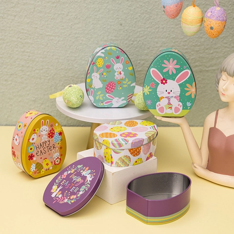 Scatola In Banda Stagnata A Forma Di Uovo Di Pasqua Motivo Coniglio Cartone Animato Contenitore Regalo Caramelle Festa