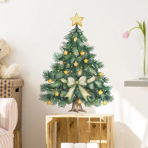 Pegatina De Pared Árbol De Navidad PVC Estilo Acuarela Estrellas Lazo Calcomanías Para Sala Dormitorio Decoración Festiva