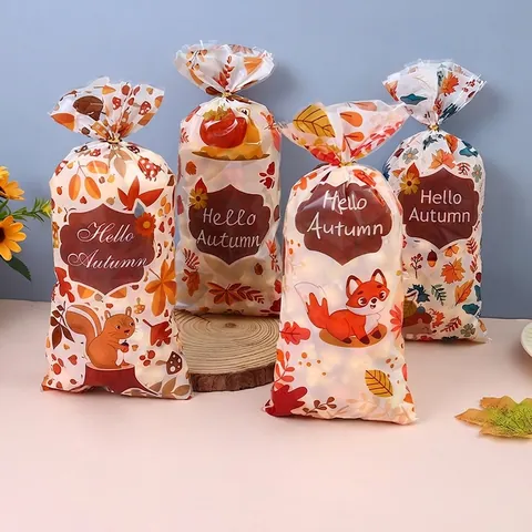 Sacchetti Regalo Autunno Ringraziamento Plastica Trasparente Stampa Volpe Scoiattolo Confezione Caramelle Biscotti Con Lacci Dorati