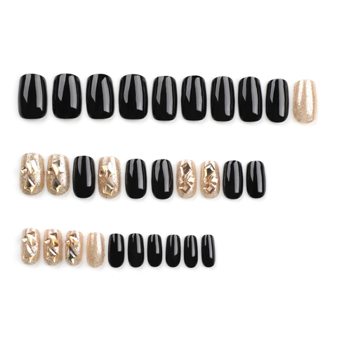Black Gold Glitter Press On Nails With Champagne Rhinestones Glossy Square Round False Nails For Women