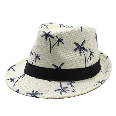 Chapeau De Paille Fedora Papier Tissé Motif Palmier Été Plage Protection Solaire Style Hawaïen Unisexe Panama Avec Ruban