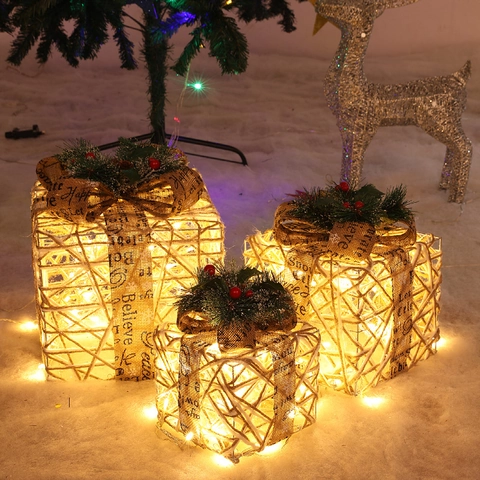 Weihnachts Glänzende Geschenkboxen Deko Eisennetz LED Lichterbögen Mit Bogen Kiefernadel Beere Feiertagsdekoration
