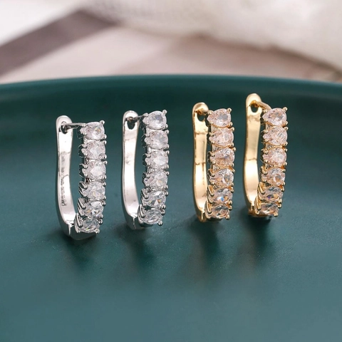 Orecchini a Bottone in Rame a Forma di U Geometrici in Stile Francese Con Perno in Acciaio Inossidabile e Zirconia Oro Argento per Donna