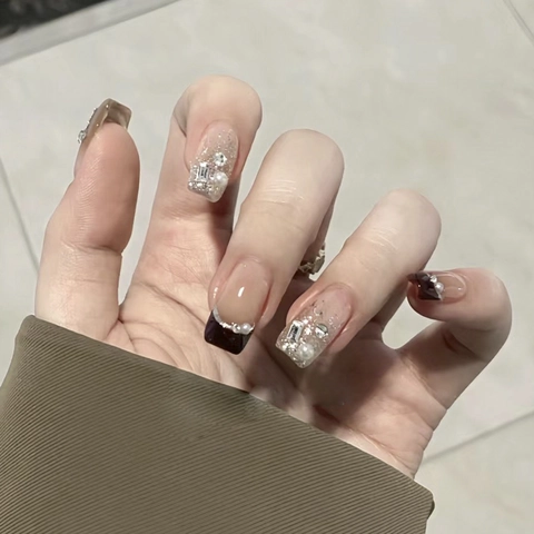 French Black Tip Press On Nails Rhinestone Artificial Pearl Silver Glitter Gradient Square Oval Shape Elegant Fake Nails Women