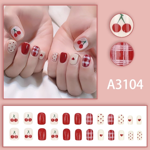 Faux Ongles Courts Carrés Rouge Blanc Cerise Carreaux Cœur Pois Résine Style Doux Pour Femmes