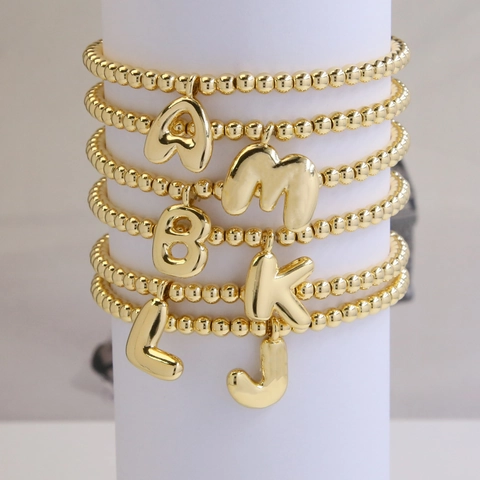 18K Gold Plated Brass Elastic Bead Bracelet For Women With Initial Letter Pendant Adjustable Minimalist Alphabet Jewelry