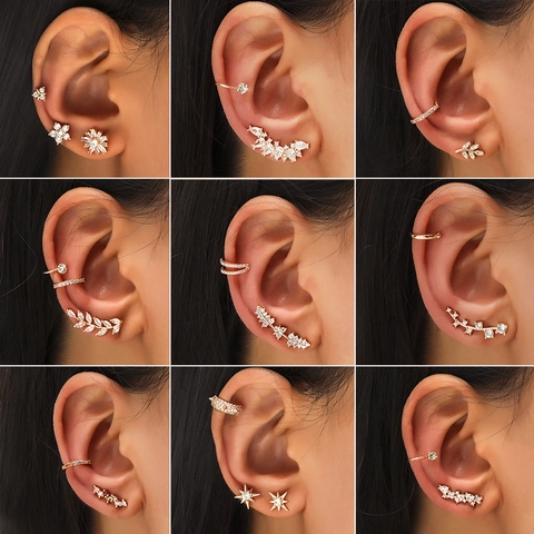 Alloy Zircon Star Leaf Flower Geometric Earrings Non Pierced Ear Cuffs Crawlers Jewelry Accessories Women