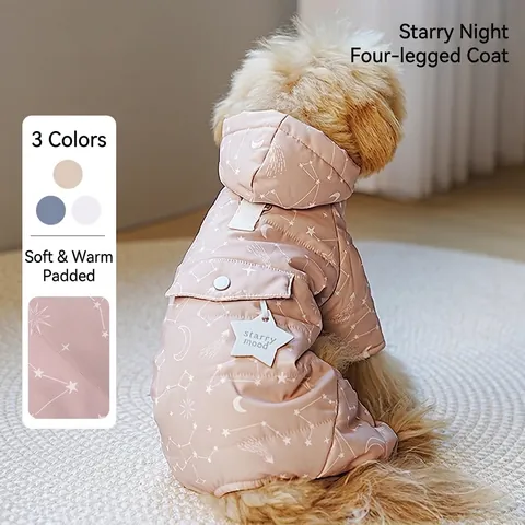 Hunde Jumpsuit Winter Warm Wattiert Vierbeiner Kapuze Winddicht Sternenhimmel Sternbild Druck Mit Leine D-Ring Für Kleine Hunde