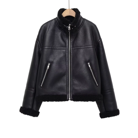 Veste Femme Similicuir Peau Lainée Col Revers Fermeture Éclair Motard Streetwear Noir