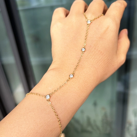 Bracelet Bague Chaîne De Main Plaqué Or 18K Laiton Zircon Cœur Étoile Délicat Ajustable Bijoux Mode Femmes