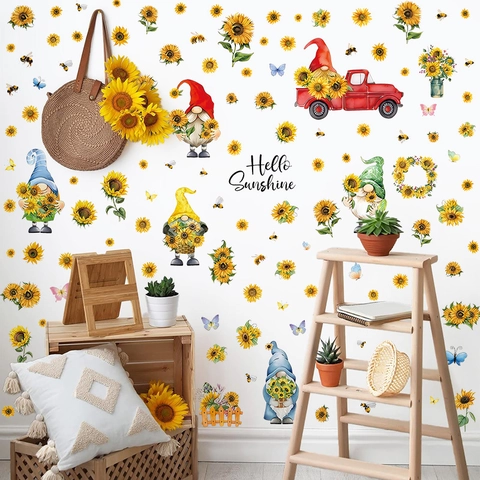 Sunflower Gnome Wall Stickers Cartoon Bee Flower Window Clings PVC Self Adhesive Decals For Kids Room Home Decoration