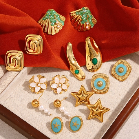 Stainless Steel 18K Gold Plated Enamel Shell Artificial Pearl Star Flower Starfish Geometric Vintage Earrings For Women