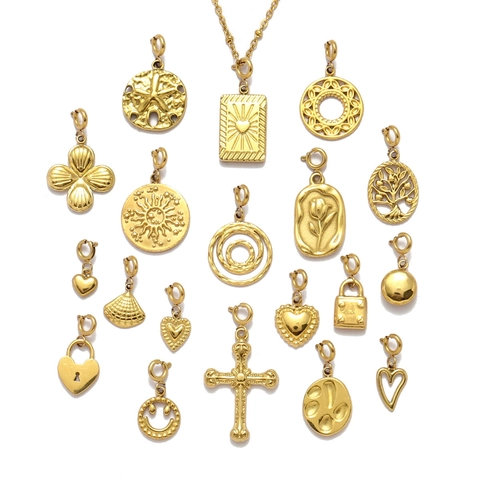 DIY Jewelry Charms For Necklace Bracelet Making Stainless Steel Gold Plated Tree Of Life Cross Heart Smile Face Sun Star Lock Vintage Fashion