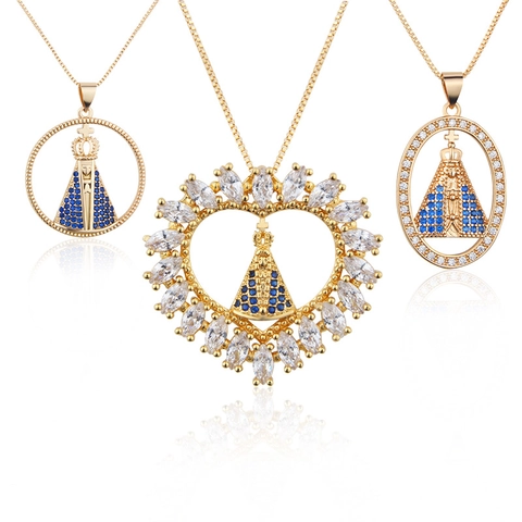 Notre Dame D'Aparecida Collier Pendentif Cuivre Plaqué Or Cœur Rond Bijoux Religieux Zircon Bleu Blanc Vintage Rétro