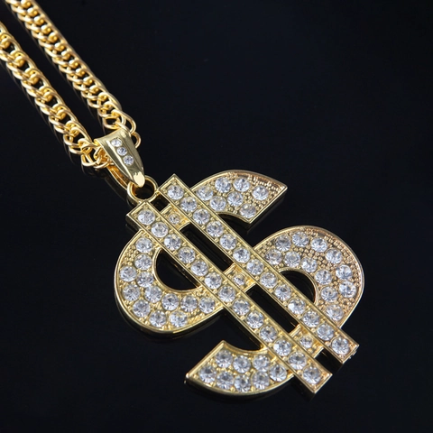 Collana Con Pendente Segno Del Dollaro Lega Strass Placcato Oro 18K Hip Hop Gioielli Per Uomo Donna