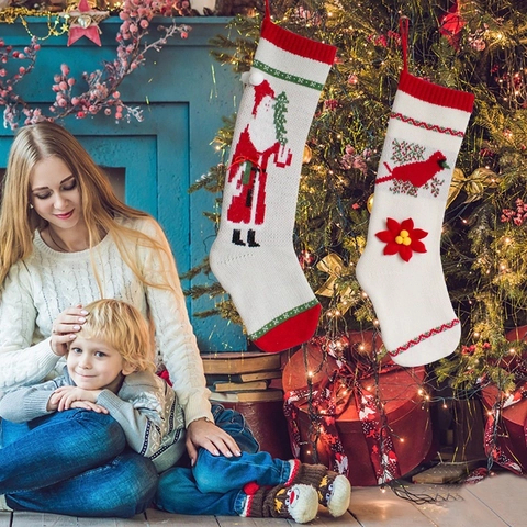 Calze Di Natale In Maglia Sacchetti Regalo Appesi Porta Caramelle Decorazioni Albero Babbo Natale Uccello Design Floreale