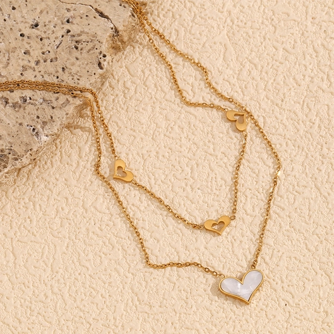 Dubbellaagse Hart Hanger Ketting Roestvrij Staal Verguld Kunstparelmoer Schelp Elegante Sieraden Voor Dames