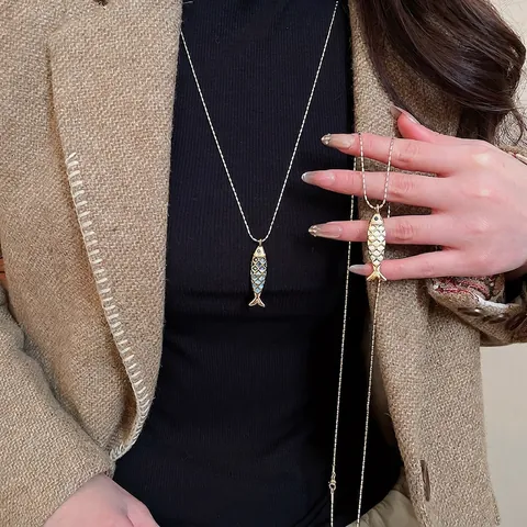 Collier Pendentif Poisson Acier Inoxydable Cuivre Émail Animal Longue Chaîne Pull Bijoux Mode Élégants Femmes