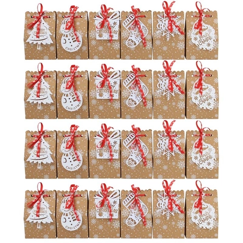 Weihnachtsgeschenktüten Kraftpapier Schneeflockenmuster Rotes Band Lasergeschnittene Etiketten Partyverpackung