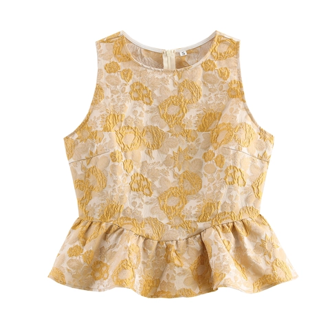 Ärmelloses Schößchen-Top Damen Elegant Floral Jacquard Rundhals Hemd Mit Reißverschluss Hinten Sommer Mode Bluse