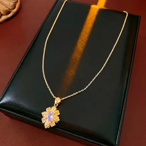 Vintage Paarse Zirkoon Bloem Hanger Ketting Koper Verguld Franse Luxe Retro Sleutelbeen Ketting Voor Vrouwen
