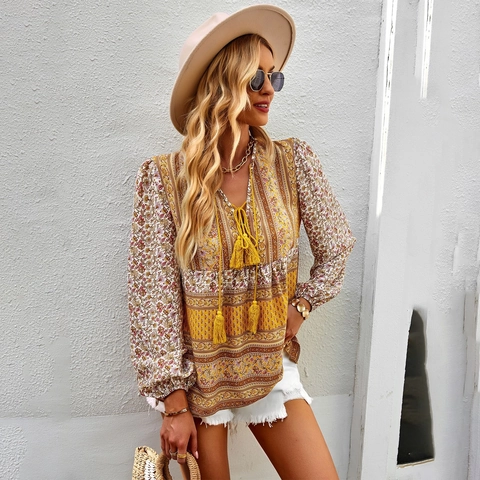 Bohemian Floral Print Blouse V Neck Tassel Tie Long Sleeve Polyester Relaxed Casual Top Women