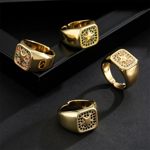 Square Signet Ring 18K Gold Plated Copper Micro Pave Zircon Star Pattern Adjustable Punk Style For Women