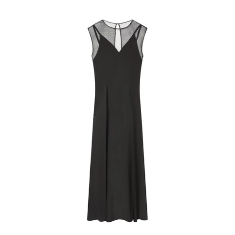 Elegantes Ärmelloses Maxikleid Schwarz Durchsichtiger Mesh Patchwork Tiefer V-Ausschnitt Party Abendkleid Für Damen