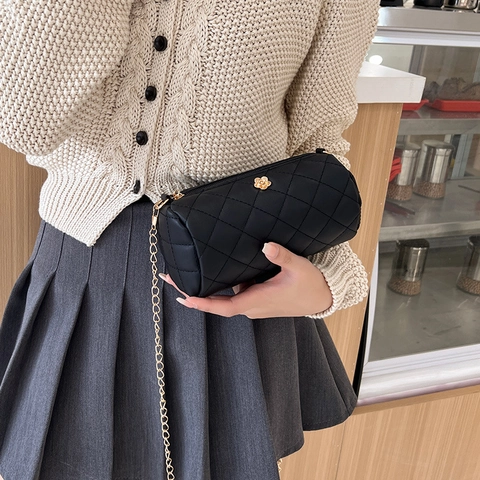 Women Quilted Cylinder Crossbody Bag PU Leather Gold Chain Strap Flower Decor Elegant Small Shoulder Purse