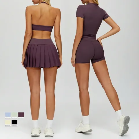 Mujer Sujetador Halter Twist Top Media Cremallera Leggings Shorts Falda Plisada Yoga Fitness Entrenamiento Co-ords Naked Feel