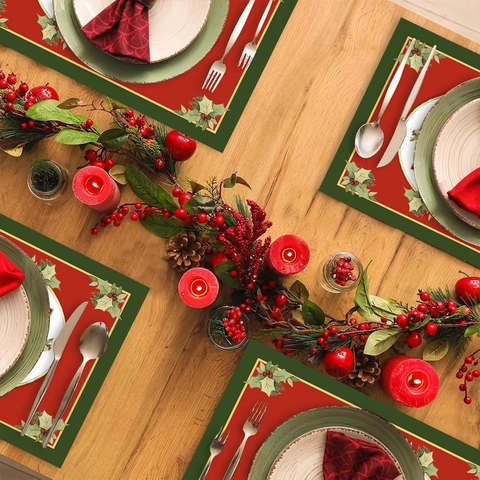 Kerst Placemat Polyester Warmte-Geïsoleerd Vlekbestendig JOY Letterprint Vakantiefeest Eettafel Decoratie