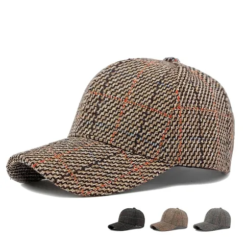 Plaid Tweed Baseball Cap Curved Brim Hard Top Adjustable Retro British Style Sunshade Outdoor Sun Protection Hat Men Women