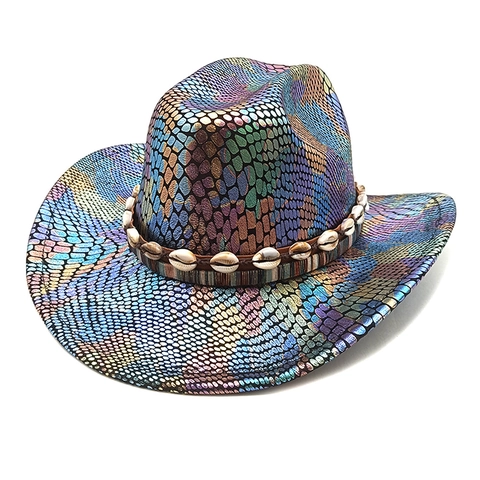 Western Cowboy Hat Polyester Holographic Snake Skin Shell Decor Metallic Gradient Fashion Party Style For Women Men